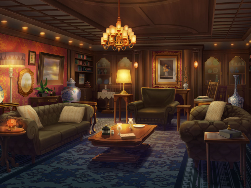 book bookshelf bottle branch candle candlestand carpet ceiling_light chair chandelier couch cup cushion drawer drinking_glass easy_chair game_cg hourglass indoors lamp no_humans painting_(object) picture_(object) picture_frame plant plate potted_plant scenery shelf third-party_source uta_no_prince-sama uta_no_prince-sama:_shining_live vase wallpaper_(object) wine_glass wooden_table wooden_wall