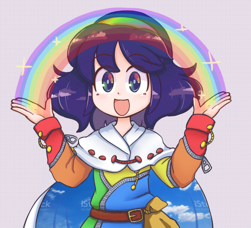 1girl :d belt blue_hair cape cloak dress eyebrows_visible_through_hair happy keb00b multicolored_clothes multicolored_dress multicolored_eyes multicolored_hairband open_mouth patchwork_clothes rainbow rainbow_gradient red_button sky_print smile solo tenkyuu_chimata touhou two-sided_cape two-sided_fabric watermark white_cape zipper
