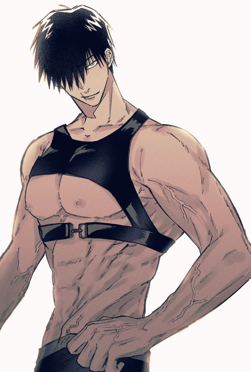 1boy abs bangs black_hair commentary_request fushiguro_touji fushirun_rung green_eyes hair_over_one_eye head_tilt highres jujutsu_kaisen looking_at_viewer male_focus mature_male muscular muscular_male nipples pants pectorals scar scar_on_face scar_on_mouth short_hair simple_background solo veins white_background