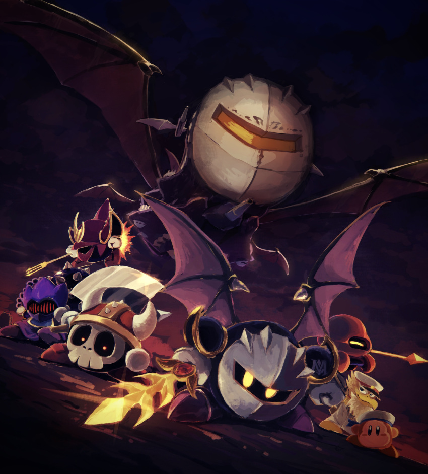 absurdres aircraft airship armor axe axe_knight_(kirby) bat_wings captain_vul clouds cloudy_sky dark_clouds fake_horns flail galaxia_(sword) halberd_(airship) helmet highres horned_helmet horns javelin_knight kirby_(series) kirby_super_star looking_at_viewer mace_knight mask meta_knight overcast polearm sailor_waddle_dee shoulder_armor skull sky suyasuyabi sword trident trident_knight weapon white_headwear wings