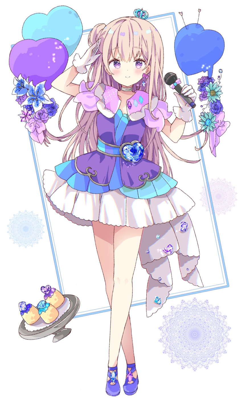 1girl arm_up bangs blue_flower blue_footwear blue_rose blush closed_mouth commentary crossed_legs crown dress eyebrows_visible_through_hair flower full_body gloves grey_choker hair_bun heart highres holding holding_microphone light_brown_hair long_hair microphone mini_crown original puffy_short_sleeves puffy_sleeves purple_dress purple_flower purple_rose rose shoes short_sleeves side_bun smile solo standing symbol-only_commentary tsukiyo_(skymint) very_long_hair violet_eyes white_gloves