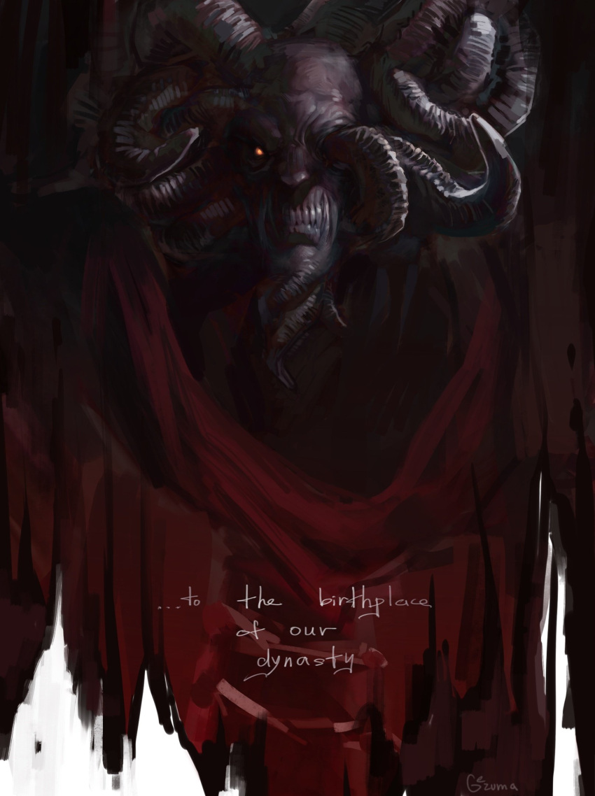 1boy black_sclera colored_sclera colored_skin dark_skin elden_ring english_text gezuma highres horns looking_at_viewer male_focus mohg_lord_of_blood monster multiple_horns orange_eyes sharp_teeth signature solo teeth upper_body