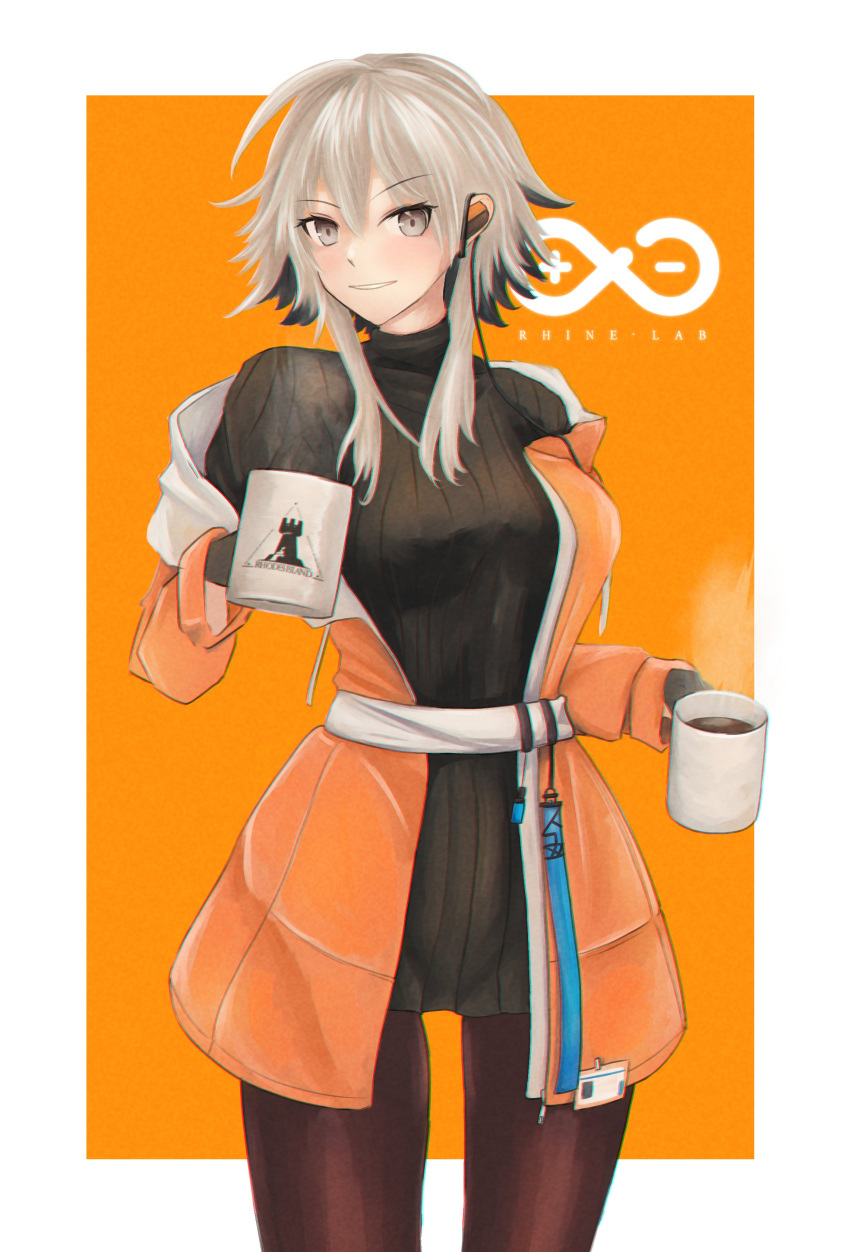 1girl absurdres arknights breasts coffee_mug cup earphones eyebrows_visible_through_hair gloves grey_eyes hair_between_eyes highres holding id_card jacket large_breasts looking_at_viewer mayer_(arknights) mug open_mouth rhine_lab_logo rhodes_island_logo ribbed_sweater silver_hair smile solo standing superbeek4 sweater thighs turtleneck turtleneck_sweater yellow_background yellow_jacket