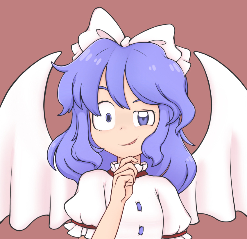 1girl angel_wings bangs bow breasts brown_background buttons closed_mouth commentary crazy_eyes crazy_smile dress face feathered_wings frilled_sleeves frills hair_bow hand_on_own_chin highres keb00b light_blue_eyes light_blue_hair looking_at_viewer mai_(touhou) medium_hair puffy_short_sleeves puffy_sleeves short_sleeves simple_background small_breasts touhou touhou_(pc-98) upper_body white_bow white_dress white_wings wings