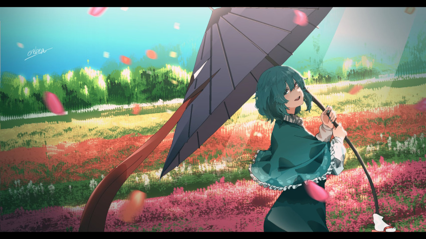 1girl :d blue_capelet blue_eyes blue_hair blue_nails blue_skirt capelet commentary commission cowboy_shot day field fingernails flower flower_field frilled_capelet frills from_side hair_between_eyes heterochromia highres holding holding_umbrella irohasu_(sasagarasu) karakasa_obake light_rays long_sleeves looking_at_viewer looking_to_the_side nail_polish open_mouth outdoors petals pink_flower red_eyes red_flower shirt short_hair skeb_commission skirt sky smile solo tatara_kogasa teeth tongue tongue_out touhou tree umbrella upper_teeth white_shirt yellow_flower