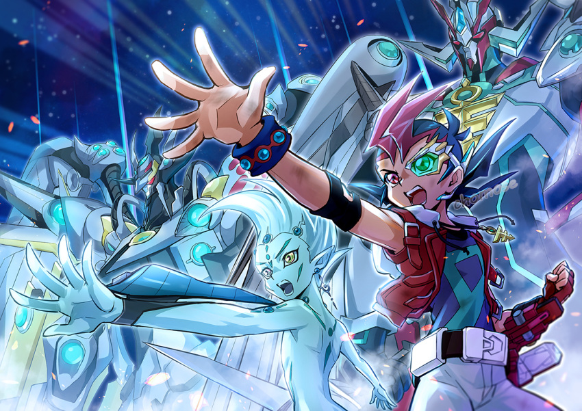 2boys alien armor astral_(yu-gi-oh!) astral_(yuu-gi-ou_zexal) belt black_hair bracelet chomose colored_skin commentary cropped_legs duel_disk duel_monster earrings fingerless_gloves gloves heterochromia hood hood_down hooded_jacket jacket jewelry male_focus multicolored_hair multiple_boys number_99_utopia_dragonar number_f0_utopic_draco_future open_hand open_mouth outstretched_arm pants red_eyes red_jacket redhead single_glove sleeveless sleeveless_jacket space spiky_hair tsukumo_yuuma white_eyes white_pants yellow_eyes yu-gi-oh! yu-gi-oh!_zexal