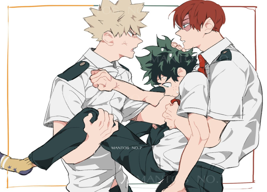 3boys artist_name bakugou_katsuki blonde_hair blue_eyes boku_no_hero_academia burn_scar carrying closed_mouth collared_shirt commentary_request english_commentary eye_contact freckles green_eyes green_hair green_pants hand_on_another's_chest hand_on_another's_head hand_on_another's_leg looking_at_another male_focus mantos_no.7 midoriya_izuku mixed-language_commentary multiple_boys necktie open_mouth pants red_eyes red_necktie redhead scar scar_across_eye scar_on_face school_uniform shirt shirt_grab shirt_tucked_in short_hair short_sleeves simple_background socks spiky_hair standing sweat thai_commentary todoroki_shouto u.a._school_uniform watermark white_background white_shirt yellow_legwear