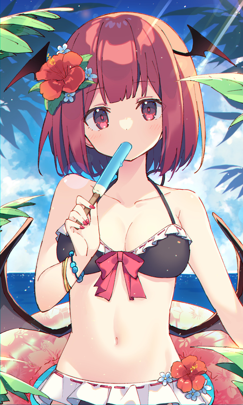 1girl absurdres bangle bangs bare_shoulders bikini black_bikini black_wings blue_flower bow bracelet breasts collarbone day demon_wings english_commentary eyebrows_visible_through_hair flower food frilled_bikini frills hair_flower hair_ornament head_wings highres holding holding_food horizon innertube jewelry looking_at_viewer navel original outdoors popsicle red_bow red_eyes red_flower redhead small_breasts solo swimsuit water wings zoirun