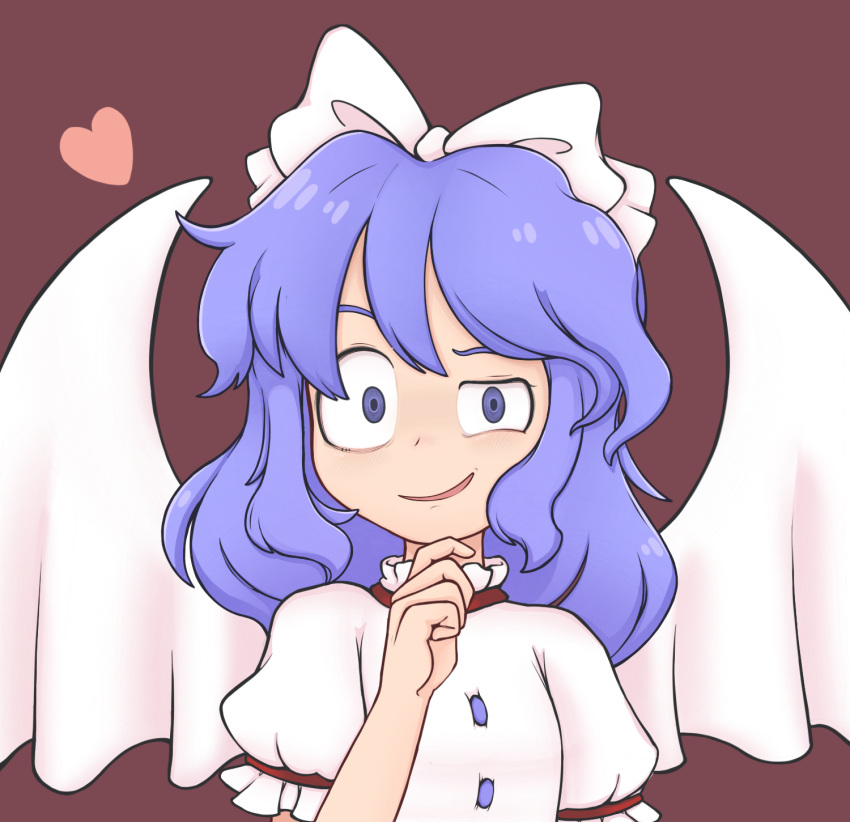 1girl angel_wings bangs bow breasts brown_background buttons closed_mouth commentary crazy_eyes crazy_smile dress face feathered_wings frilled_sleeves frills hair_bow hand_on_own_chin heart highres keb00b light_blue_eyes light_blue_hair looking_at_viewer mai_(touhou) medium_hair puffy_short_sleeves puffy_sleeves short_sleeves simple_background small_breasts touhou touhou_(pc-98) upper_body white_bow white_dress white_wings wings