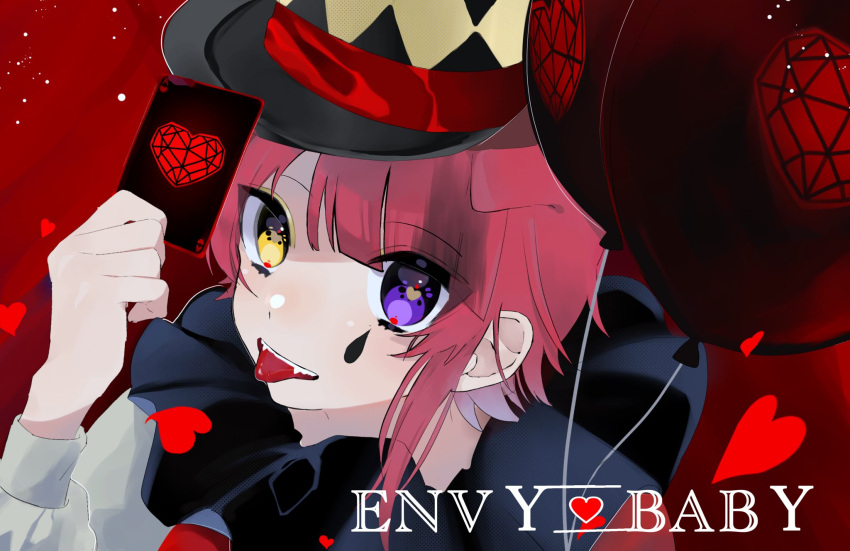 1boy card envy_baby_(vocaloid) fang hat heart heterochromia highres hosizora_(sparetime) male_focus playing_card redhead rinu_(stpri) short_hair solo song_name strawberry_prince teardrop_facial_mark teardrop_tattoo tongue tongue_out top_hat violet_eyes yellow_eyes