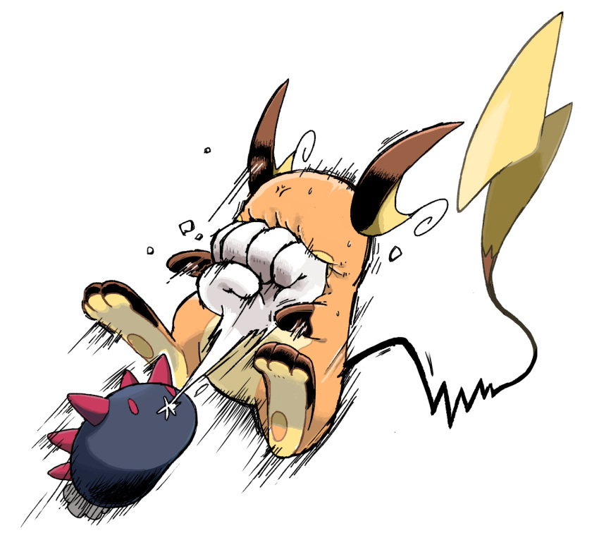 anger_vein face_punch highres in_the_face no_humans pokemon pokemon_(creature) punching pyukumuku raichu simple_background spikes white_background