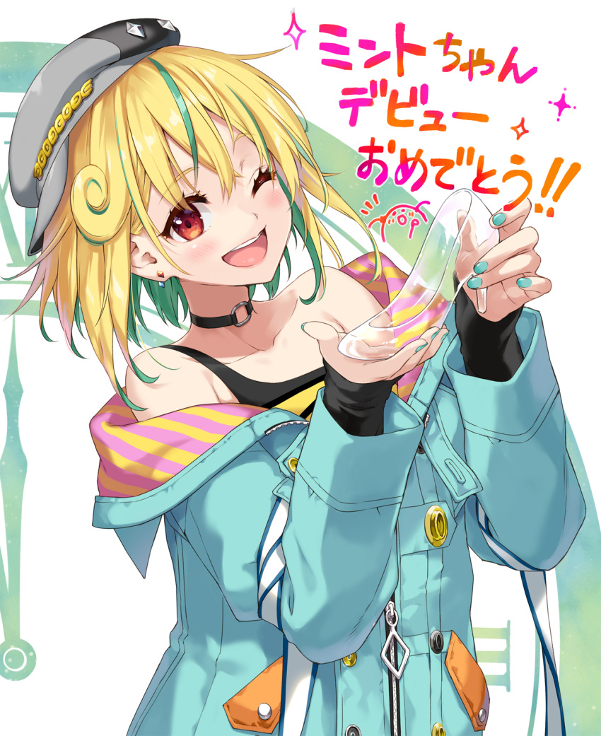 1girl blonde_hair commentary_request eretto glass_slipper green_hair hat highres multicolored_hair nhot_bot one_eye_closed seira_mint smile translation_request upper_body