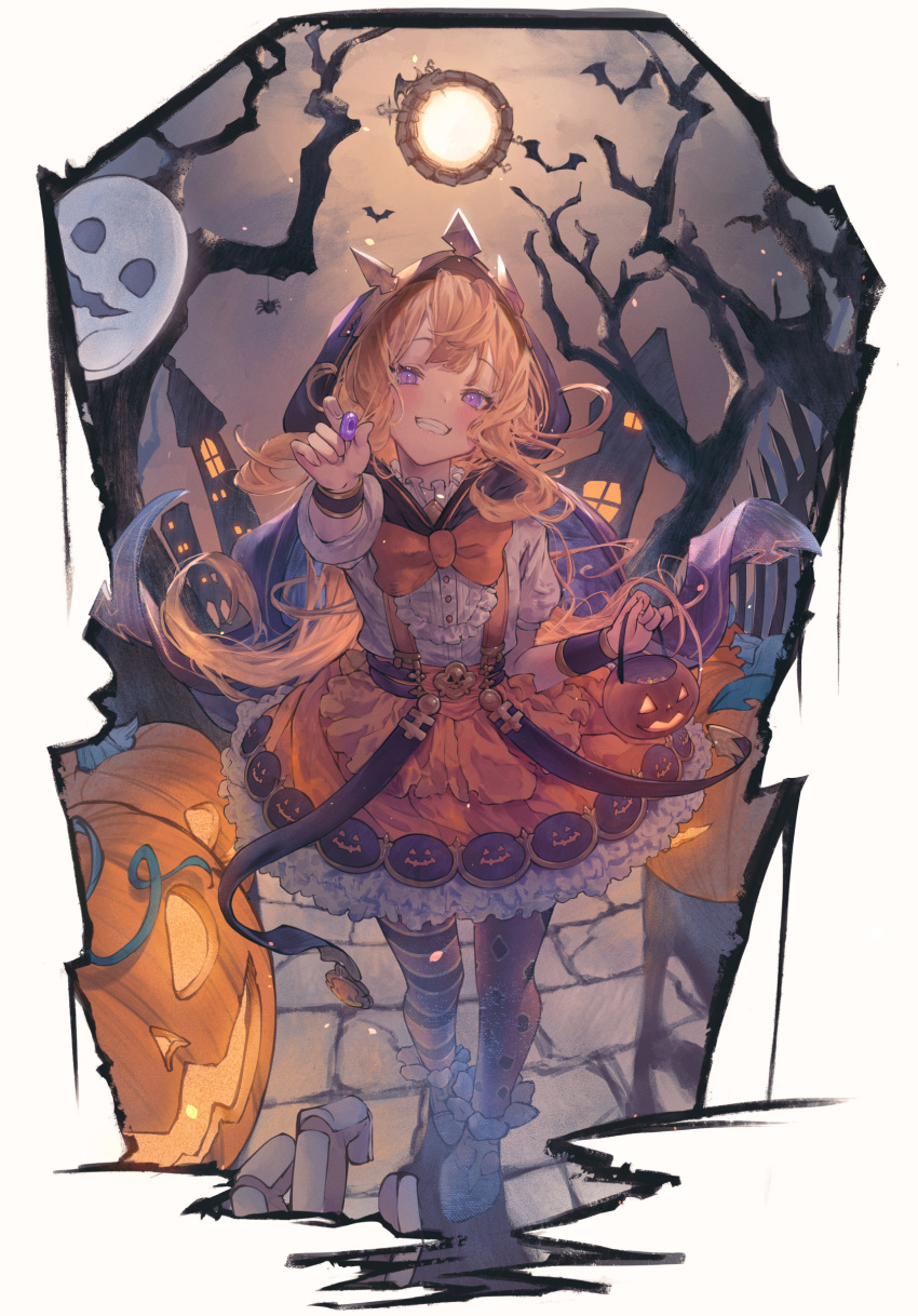 1girl absurdres bangs bare_tree basket betabeet black_cape blonde_hair blush border bow bowtie bug building cagliostro_(granblue_fantasy) candy cape cobblestone commentary dress english_commentary fence food frilled_dress frills full_body full_moon ghost giving granblue_fantasy grin halloween halloween_bucket head_tilt highres holding holding_basket holding_candy holding_food hood hood_up hooded_cape long_hair looking_at_viewer moon night night_sky orange_bow orange_bowtie orange_dress outdoors outstretched_hand puffy_short_sleeves puffy_sleeves pumpkin pumpkin_print short_sleeves simple_background sky smile solo spider tree violet_eyes white_background
