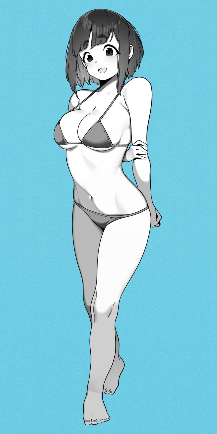 1girl absurdres aqua_background arms_behind_back bangs barefoot bikini blush breasts crossed_legs eyebrows_visible_through_hair full_body greyscale highres large_breasts mole mole_under_eye monochrome open_mouth original short_hair sidelocks simple_background solo st_(youx1119) standing swimsuit watson_cross