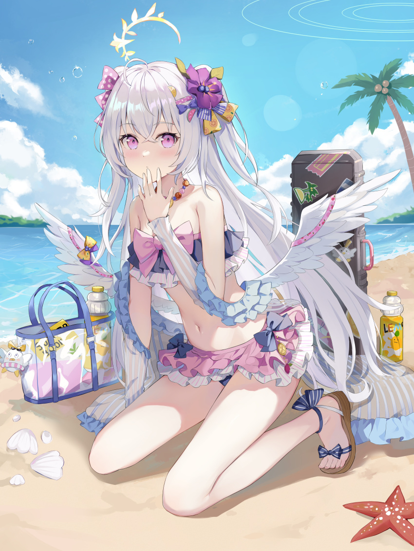 1girl absurdres azusa_(blue_archive) bare_shoulders bikini blue_archive flower frilled_bikini frills hair_flower hair_ornament halo hand_up highres hokori_sakuni jewelry long_hair looking_at_viewer midriff navel necklace pink_eyes sandals solo swimsuit thighs two_side_up very_long_hair white_hair