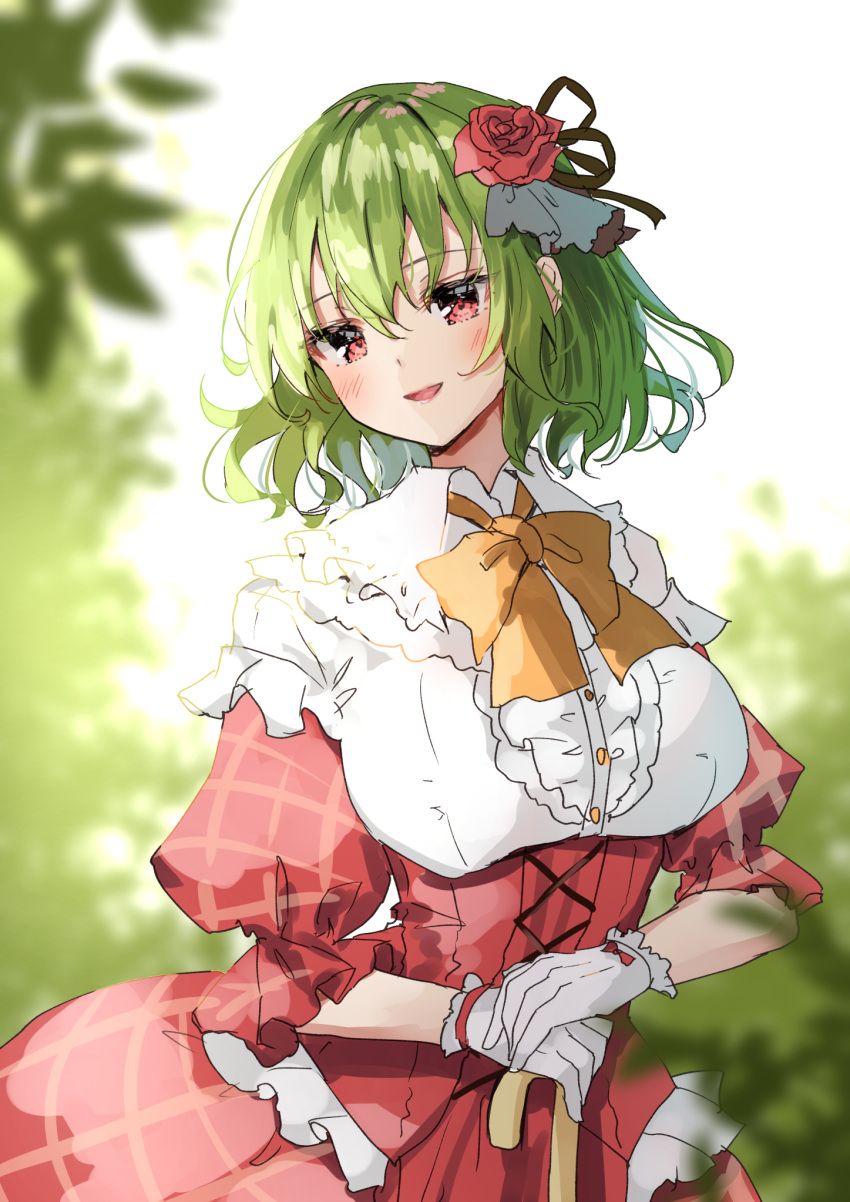 1girl bangs blurry blurry_background blush bow bowtie breasts brown_ribbon buttons collared_dress dress eyebrows_visible_through_hair eyelashes eyes_visible_through_hair flower frills gloves green_hair grey_gloves grey_ribbon hair_between_eyes hair_flower hair_ornament hair_ribbon hands_up highres kazami_yuuka leaf looking_at_viewer medium_breasts one-hour_drawing_challenge open_mouth puffy_short_sleeves puffy_sleeves red_dress red_eyes red_flower red_rose ribbon rose shironeko_yuuki short_sleeves sky smile solo standing tongue touhou umbrella white_dress white_sky yellow_bow yellow_bowtie