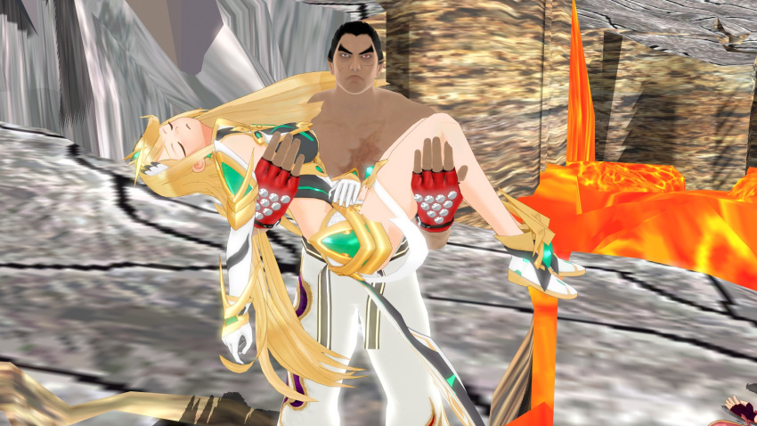 carrying defeat highres large_hands mishima_kazuya mythra_(xenoblade) non-web_source princess_carry super_smash_bros. tekken unconscious volcano xenoblade_chronicles_(series) xenoblade_chronicles_2