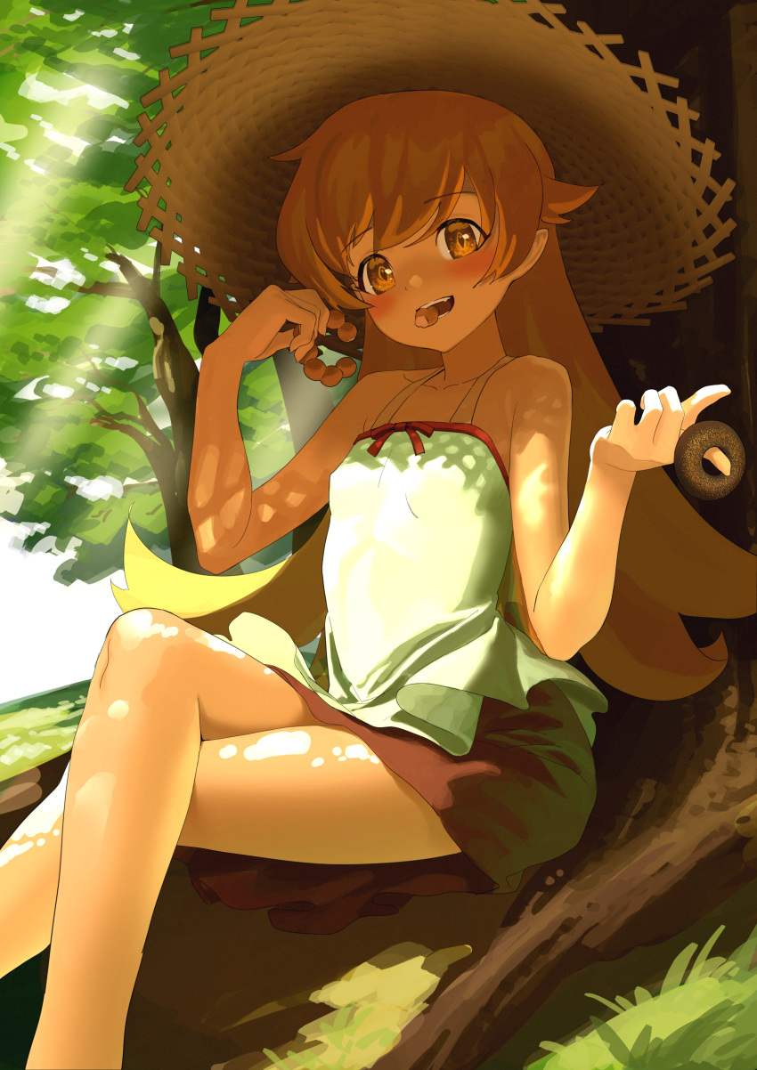 1girl absurdres bangs bare_shoulders blonde_hair blush breasts collarbone commentary crossed_legs doughnut dress dutch_angle food food_in_mouth grass hat highres holding holding_food index_finger_raised long_hair looking_at_viewer monogatari_(series) mouth_hold open_mouth oshino_shinobu outdoors pointy_ears shade shaded_face sitting sleeveless sleeveless_dress small_breasts smile solo straw_hat sun_hat sundress swept_bangs tree white_dress yellow_eyes zyaki
