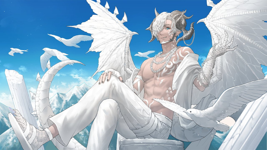 1boy alternate_costume alternate_hairstyle arm_strap arurandeisu beard bird black_nails blue_eyes blue_sky chain_necklace crossed_legs dove dragon_boy dragon_horns dragon_tail dragon_wings facial_hair fingerless_gloves foot_out_of_frame gloves grin hair_over_one_eye hand_on_own_knee holostars horn_ornament horns looking_at_viewer male_focus mountain pants pillar pointy_ears rairyuu sandals scales shawl sitting sky slit_pupils smile solo tail tattoo thigh_strap toned toned_male topless_male torn_clothes virtual_youtuber white_footwear white_gloves white_hair white_pants white_wings wings