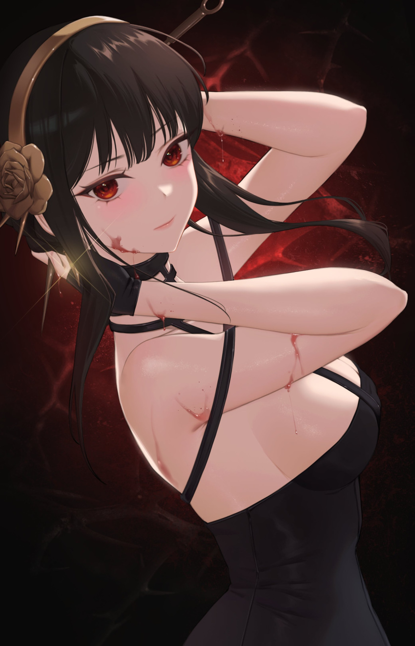 1girl absurdres adjusting_hair armpit_peek arms_up bangs bare_shoulders black_dress black_hair blood blood_on_arm blood_on_face breasts commentary dress eyebrows_visible_through_hair fingerless_gloves flower gloves gold_hairband hair_flower hair_ornament highres large_breasts lichiko light_blush lips looking_at_viewer looking_to_the_side off_shoulder red_eyes sideboob sidelocks solo spy_x_family upper_body yor_briar