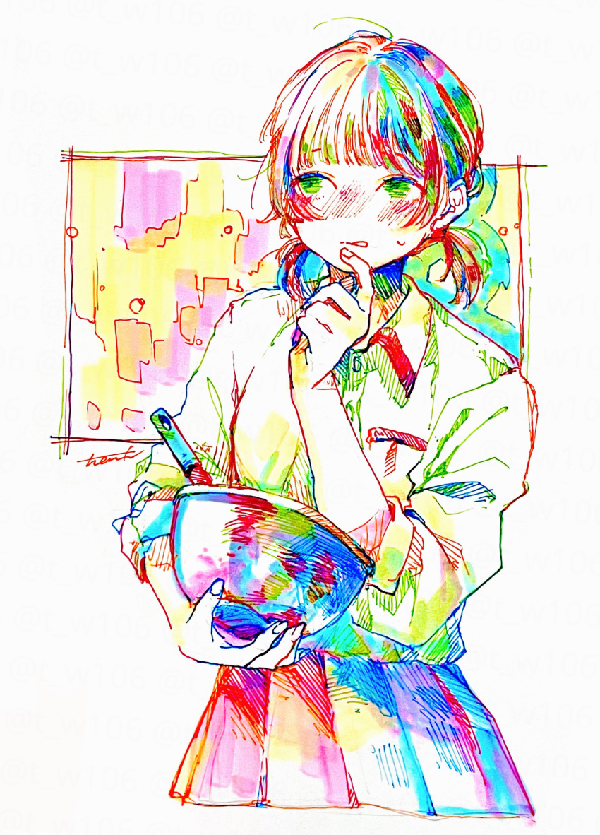 1girl absurdres bangs blunt_bangs bowl breast_pocket collared_shirt green_eyes hand_up highres holding holding_bowl long_sleeves original pleated_skirt pocket shadow shirt shirt_tucked_in short_twintails signature skirt solo tmari traditional_media twintails uniform upper_body