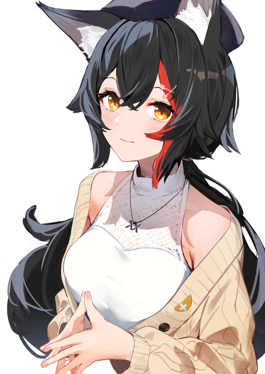 1girl animal_ear_fluff animal_ears armpit_peek bangs black_hair black_headwear cardigan covered_collarbone crossed_bangs hair_between_eyes hair_ornament hat highres hololive isaya_(pixiv4541633) jewelry light_blush light_smile long_hair looking_at_viewer multicolored_hair necklace ookami_mio redhead shirt simple_background sleeveless sleeveless_shirt slit_pupils solo steepled_fingers streaked_hair two-tone_hair upper_body white_background white_shirt wolf_ears x_hair_ornament yellow_eyes
