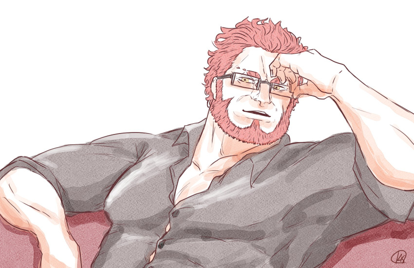 1boy bespectacled bursting_pectorals casual collared_shirt contemporary fate/grand_order fate_(series) glasses highres iskandar_(fate) karasu_18-go large_pectorals male_focus mature_male muscular muscular_male partially_unbuttoned pectoral_cleavage pectorals shirt short_hair solo tight tight_shirt upper_body