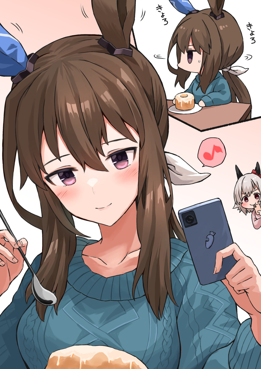 2girls absurdres admire_vega_(umamusume) animal_ears bangs blush brown_hair cellphone commentary_request curren_chan_(umamusume) ear_covers hair_between_eyes hair_ribbon highres hitode_(ziburi) horse_ears horse_girl long_hair multiple_girls pastry phone pink_eyes ribbon smartphone spoon sweater translation_request umamusume white_hair