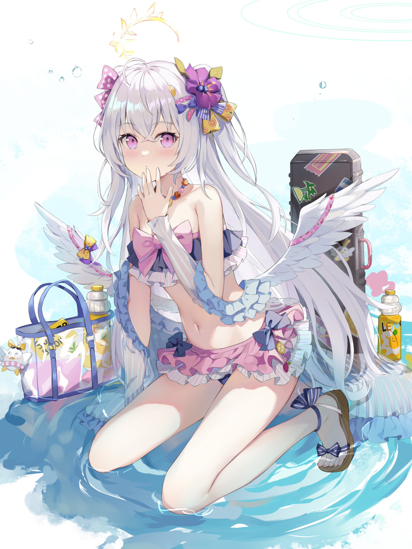 1girl absurdres ahoge angel_wings azusa_(blue_archive) bag bare_shoulders bead_necklace beads bikini bikini_skirt blue_archive case feathered_wings flat_chest flower frilled_bikini frills hair_flower hair_ornament halo hand_up handbag highres hokori_sakuni jewelry kneeling long_hair long_sleeves looking_at_viewer midriff navel necklace off_shoulder pink_eyes sandals see-through_sleeves simple_background solo stomach swimsuit thighs two_side_up very_long_hair water wet white_background white_hair wings