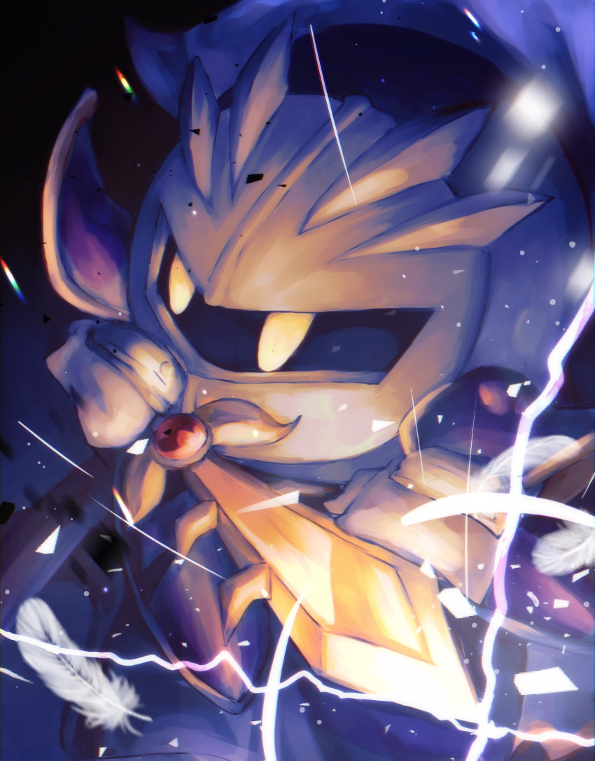 armor blue_cape cape commentary feathers helmet highres holding holding_sword holding_weapon kirby_(series) light_particles male_focus meta_knight rainbow_gradient shadow solo sparkle sword vul3hl0smteyk1z weapon yellow_eyes