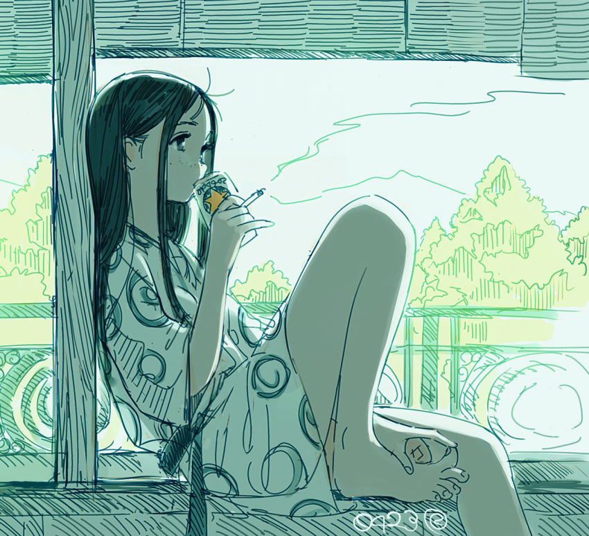 1girl alcohol balcony barefoot beer_can black_hair can cigarette commentary_request day drinking holding holding_can holding_cigarette japanese_clothes kimono kokudou_juunigou long_hair original sitting sketch smoke smoking solo tree twitter_username wide_sleeves yukata