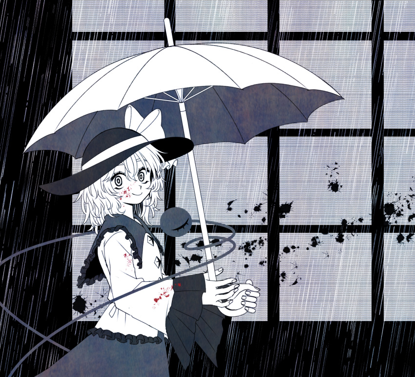 1girl bad_id bad_pixiv_id blood blood_on_clothes blood_on_face blouse bow buttons closed_mouth diamond_button eyebrows_behind_hair fingernails frilled_shirt_collar frilled_sleeves frills from_side greyscale hair_between_eyes hat hat_bow highres holding holding_umbrella komeiji_koishi long_sleeves looking_at_viewer looking_to_the_side medium_hair monochrome rain safe3133 shirt skirt smile solo spot_color symbol-only_commentary third_eye touhou umbrella upper_body wide_sleeves