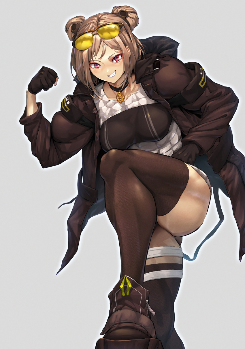 abs absurdres biceps breasts eyewear_on_head flexing girls_frontline gloves hair_bun highres hood hoodie jewelry muscular muscular_female muscular_male necklace p90_(girls'_frontline) pink_eyes pose qtime4_702 skirt thigh-highs thighs