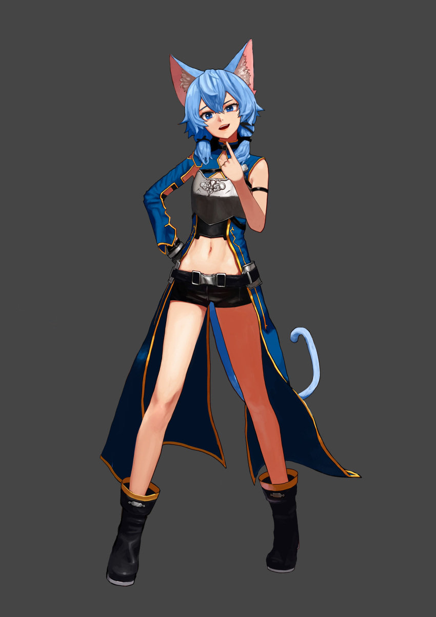 1girl absurdres animal_ears armor belt black_shorts blue_eyes blue_hair boots breastplate cat_ears cat_tail clothing_request hair_between_eyes hand_on_hip highres navel pointing pointing_at_self short_hair short_shorts shorts sinon smile solo starcell sword_art_online tail