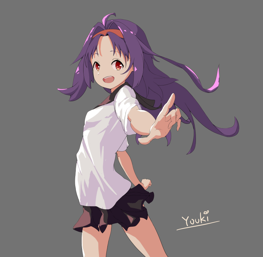 1girl absurdres ahoge black_skirt character_name from_side grey_background hair_intakes hairband highres konno_yuuki_(sao) long_hair looking_at_viewer outstretched_arms purple_hair red_eyes red_hairband shirt skirt smile solo sword_art_online white_shirt yuuki_(sao) yuuki_(yuuki08435994)