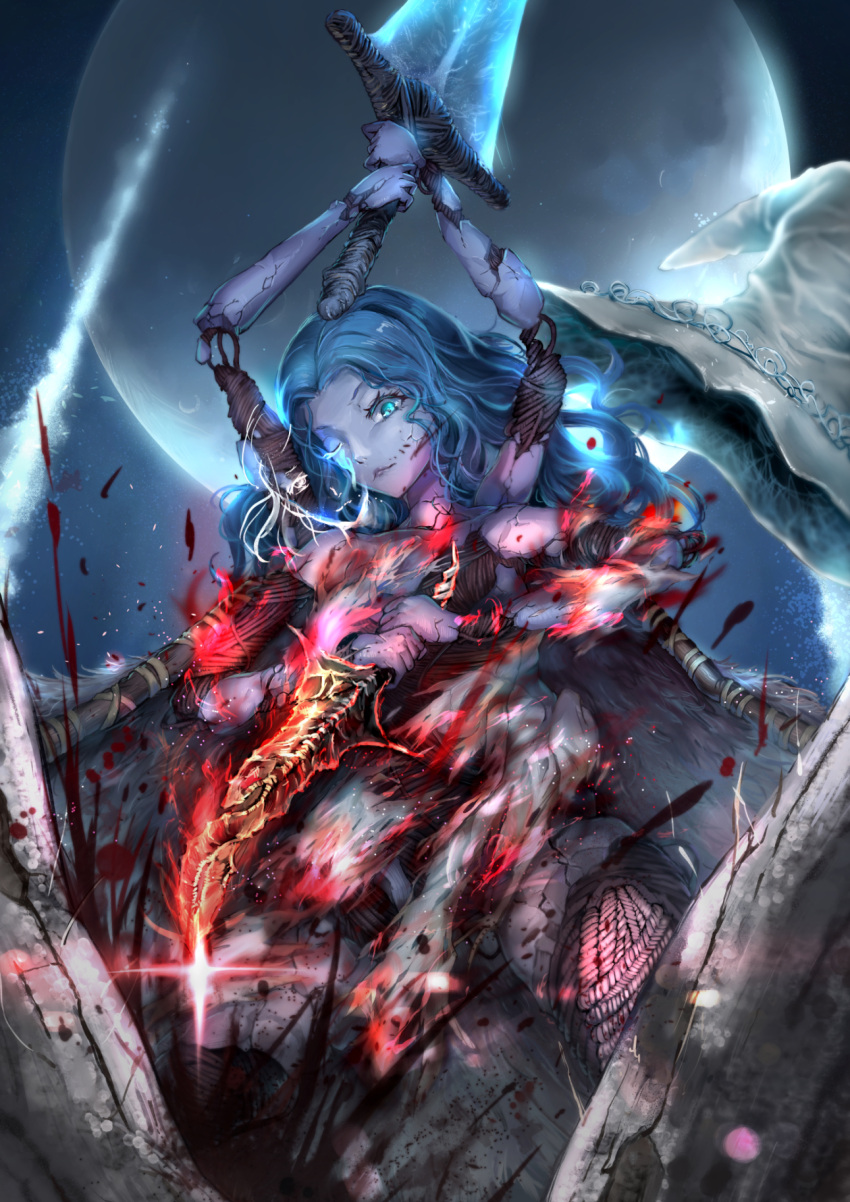 1girl blood blue_eyes blue_hair blue_skin breasts colored_skin cracked_skin doll_joints dress elden_ring extra_arms extra_faces hat highres joints knife long_hair looking_at_viewer moon night one_eye_closed ranni_the_witch rod_(wayfirecmo19) smile solo sword torn_clothes two_fingers_(elden_ring) weapon white_dress witch_hat