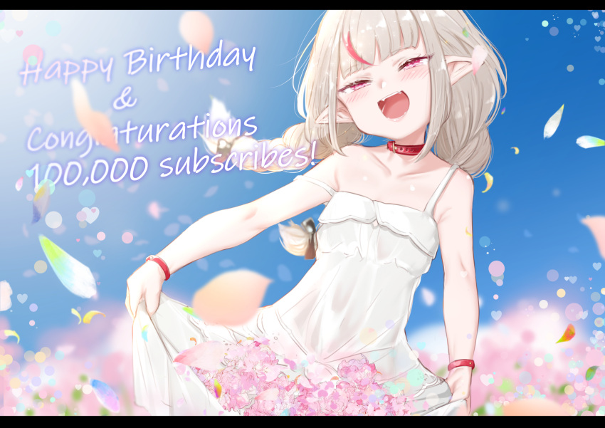 1girl :d bare_arms bare_shoulders belt_collar blue_sky blush braid collar congratulations day dress field flower flower_field grey_hair half-closed_eyes happy_birthday head_tilt highres letterboxed looking_at_viewer makaino_ririmu nijisanji open_mouth outdoors pink_flower pointy_ears skirt_hold sky smile solo spaghetti_strap standing strap_slip twin_braids utsusumi_kio white_dress wristband