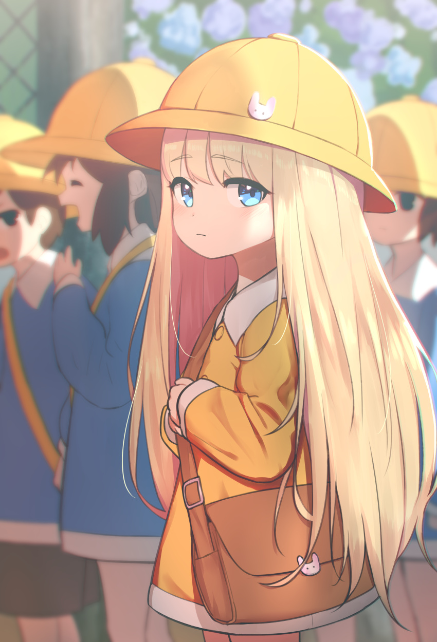 1boy 3girls absurdres bag blonde_hair blue_dress blue_eyes blue_shirt brown_eyes brown_hair child closed_eyes dress hat highres hoplitx long_hair looking_at_viewer multiple_girls orange_dress original outdoors school_hat school_uniform shirt short_hair shorts yellow_headwear