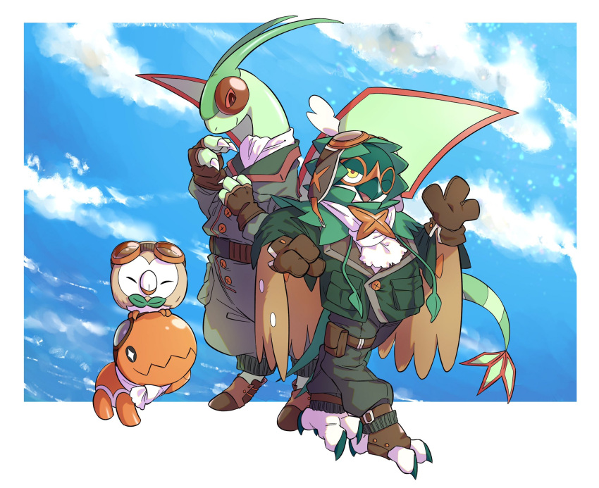 +_+ belt belt_buckle border brown_bag brown_gloves buckle buttons closed_eyes closed_mouth clothed_pokemon clouds commentary_request decidueye fingerless_gloves flygon gloves goggles goggles_on_head green_jacket green_pants highres jacket no_humans one_eye_closed pants pants_tucked_in pkpokopoko3 pokemon pokemon_(creature) rowlet sky smile strap trapinch wavy_mouth white_border