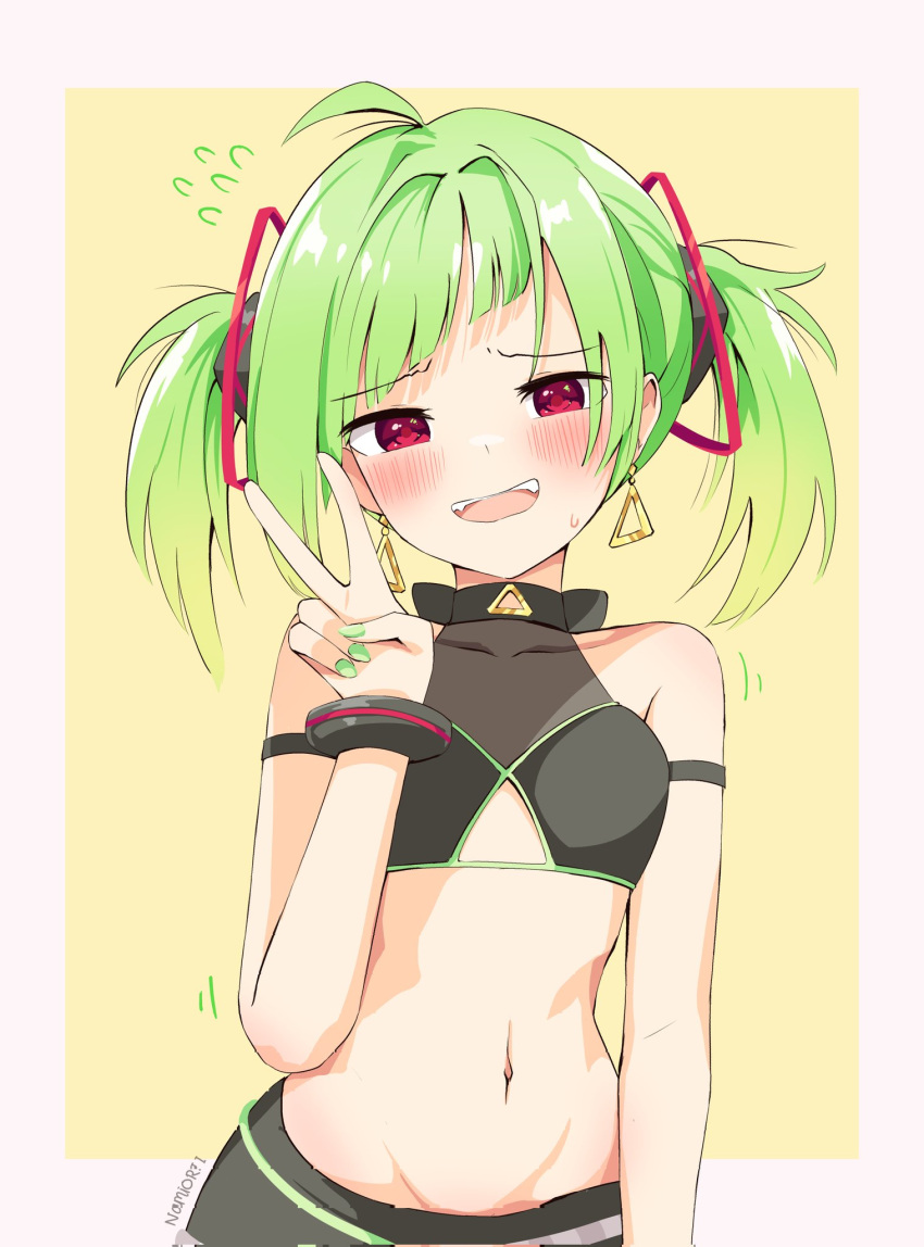 1girl :d ahoge arm_strap bare_shoulders black_shirt breasts clothing_cutout commission crop_top delruki delutaya earrings furrowed_brow green_hair green_nails hair_ornament hand_up highres indie_virtual_youtuber jewelry long_hair looking_at_viewer midriff nail_polish namii_(namialus_m) navel open_mouth red_eyes shirt sleeveless sleeveless_shirt small_breasts smile solo stomach twintails underboob_cutout upper_body v virtual_youtuber