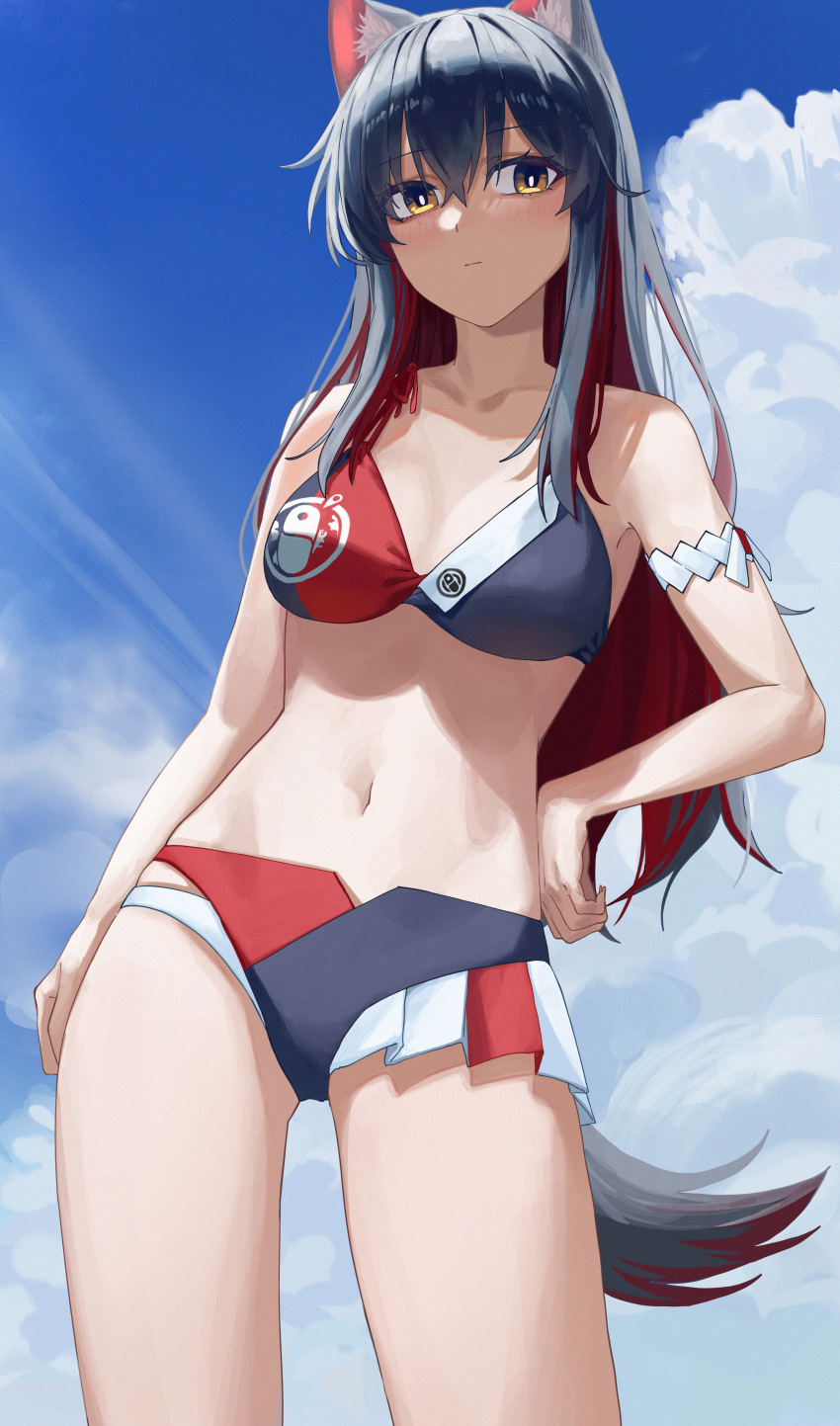 1girl absurdres animal_ears arknights bangs black_hair chinese_commentary closed_mouth clouds collarbone commentary_request cowboy_shot crossed_bangs day dierbeibanjia from_below hair_between_eyes hand_on_hip highres leaning_to_the_side long_hair navel outdoors penguin_logistics_logo sky solo swimsuit tail texas_(arknights) two-tone_bikini wolf_ears wolf_girl wolf_tail yellow_eyes