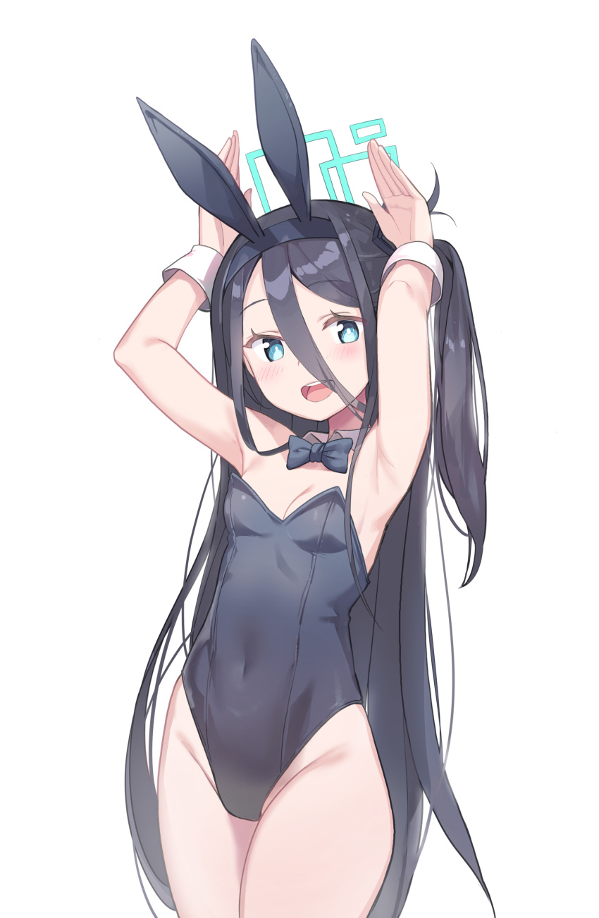 1girl animal_ears arisu_(blue_archive) armpits arms_up black_bow black_bowtie black_hair black_leotard blue_archive blue_eyes bow bowtie breasts commentary_request covered_navel cowboy_shot detached_collar eyebrows_visible_through_hair hair_between_eyes hairband highleg highleg_leotard highres leotard light_blush long_hair looking_at_viewer newey open_mouth petite playboy_bunny rabbit_ears side_ponytail simple_background small_breasts solo strapless strapless_leotard teeth thighs traditional_bowtie upper_teeth very_long_hair white_background wing_collar
