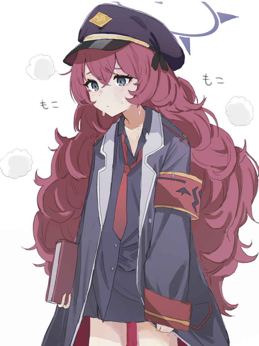 1girl absurdres armband bangs black_shirt blue_archive book breasts coat collared_shirt commentary cowboy_shot grey_eyes hair_between_eyes hair_ribbon halo haruharu_sensei hat highres holding holding_book iroha_(blue_archive) long_hair long_sleeves military military_hat military_uniform necktie open_clothes open_coat peaked_cap pencil_skirt red_eyes red_necktie redhead ribbon safety_pin shirt simple_background skirt sleeves_past_wrists small_breasts solo sweat uniform very_long_hair wavy_hair white_background