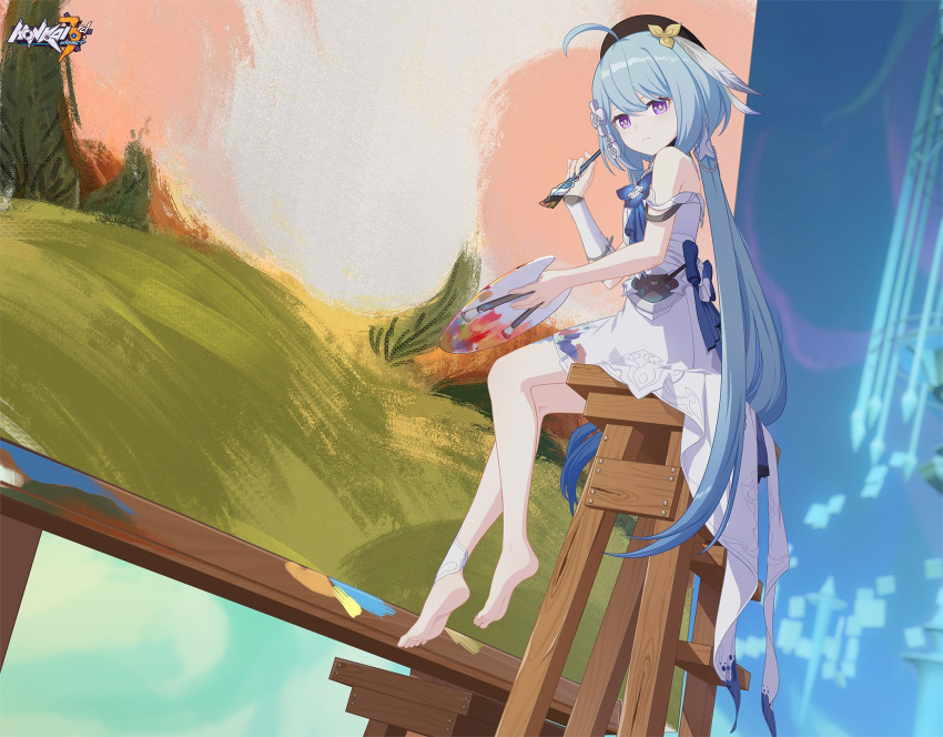 1girl bangs bare_shoulders barefoot beret black_headwear blue_hair chair closed_mouth dress full_body griseo hat highres holding holding_brush holding_palette honkai_(series) honkai_impact_3rd long_hair looking_at_viewer looking_back off_shoulder_dress official_art painting_(object) palette_(object) sitting soles solo twintails violet_eyes white_dress