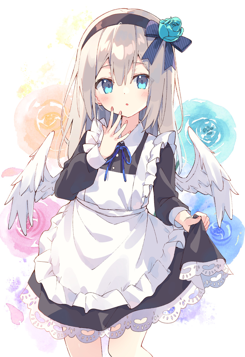 1girl :o absurdres angel_wings apron bangs black_hairband blonde_hair blue_eyes blue_flower blue_ribbon blue_rose blush clothes_lift dot_nose dress dress_lift english_commentary flower grey_hair hair_between_eyes hairband highres long_hair looking_at_viewer maid maid_apron open_mouth original ribbon rose wings zoirun