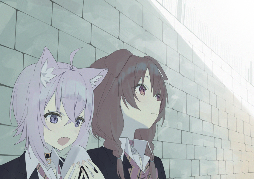 2girls absurdres animal_ear_fluff animal_ears bangs black_jacket bow bowtie brick_wall brown_eyes brown_hair cat_ears cat_girl closed_mouth collared_shirt crossed_bangs dog_ears dog_girl eyebrows_visible_through_hair fang food hair_between_eyes highres holding holding_food hololive inugami_korone jacket long_hair looking_at_food looking_away medium_hair multiple_girls nekomata_okayu onigiri open_mouth pink_bow pink_bowtie shirt skin_fang striped striped_bow striped_bowtie syhan violet_eyes virtual_youtuber white_shirt