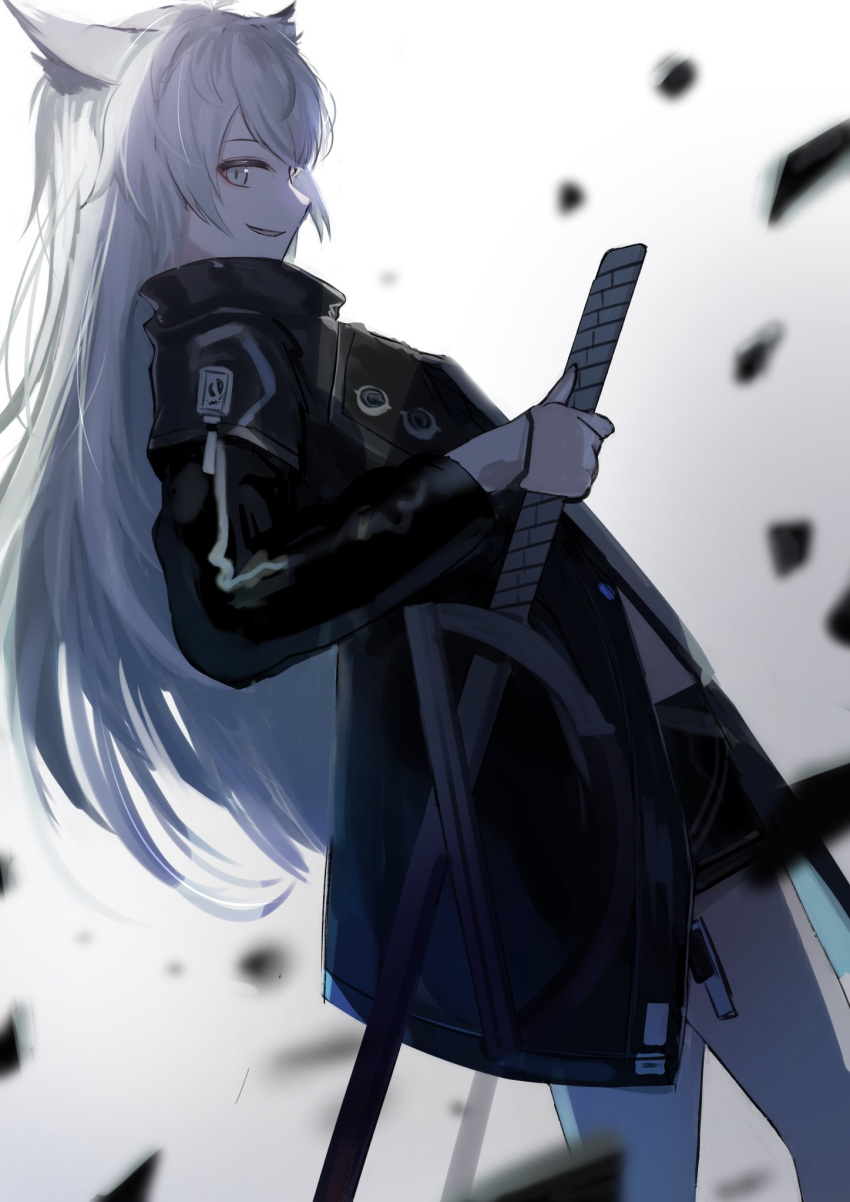 1girl animal_ears arknights azuazu_0405 bangs black_coat coat commentary cowboy_shot debris eyebrows_visible_through_hair from_behind grey_eyes grin hair_ornament highres holding holding_sword holding_weapon lappland_(arknights) long_hair long_sleeves looking_at_viewer looking_back shirt silver_hair smile solo sword very_long_hair weapon white_shirt wolf_ears wolf_girl