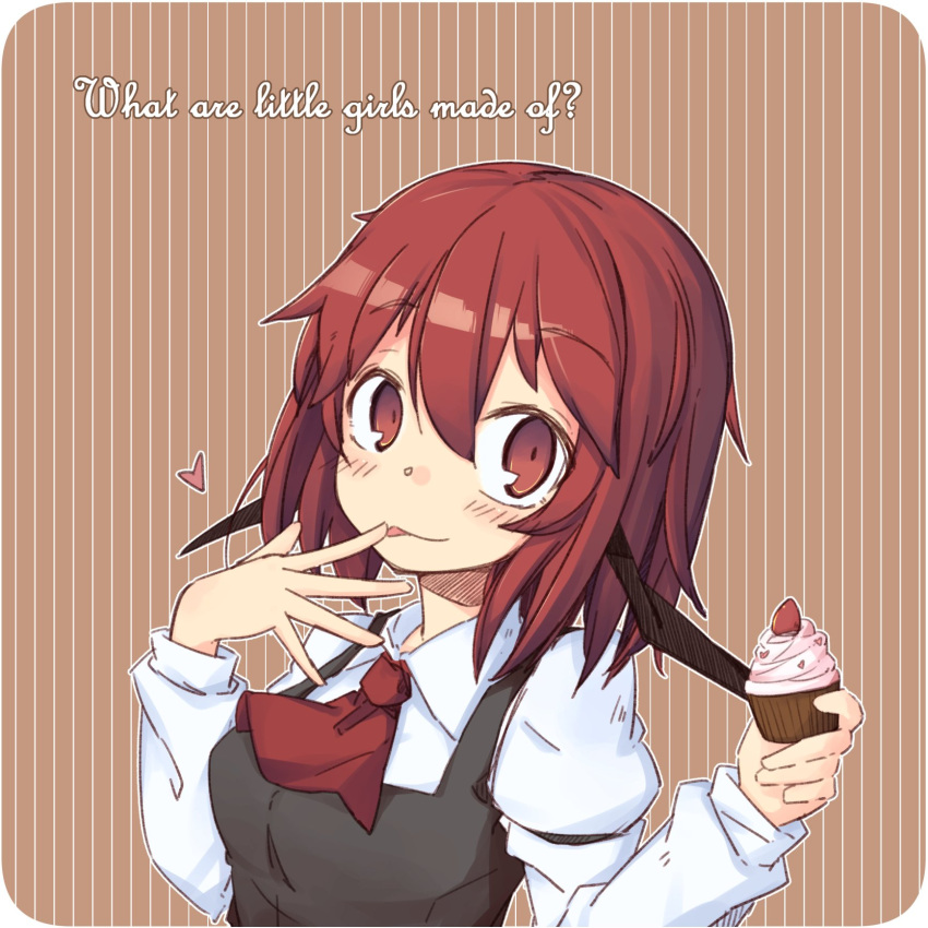 1girl :p alternate_hair_length alternate_hairstyle armband ascot ayase_yuuki_(mikan_mochi) bat_wings black_vest breasts cupcake dress_shirt english_text eyebrows_visible_through_hair finger_to_mouth food hair_between_eyes head_wings heart highres holding holding_food juliet_sleeves koakuma long_sleeves looking_at_viewer looking_to_the_side medium_breasts puffy_sleeves red_ascot red_eyes redhead shirt short_hair simple_background solo striped striped_background tan_background tongue tongue_out touhou vest white_shirt wings