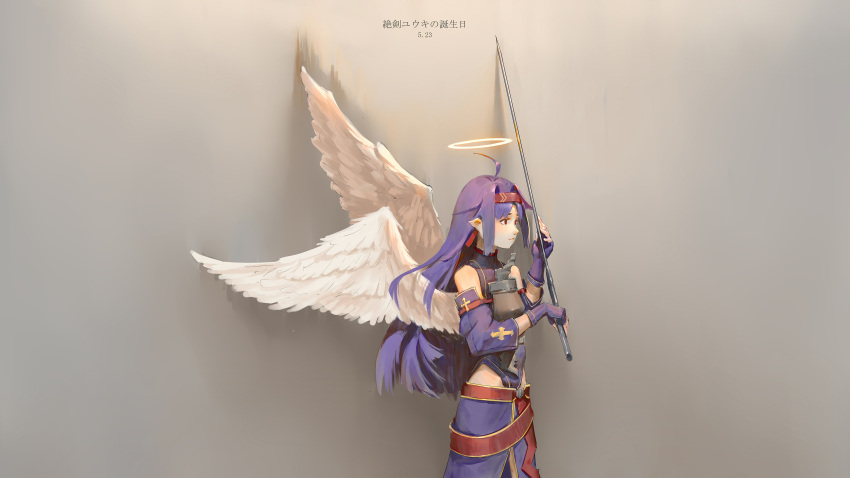 1girl absurdres ahoge black_gloves commentary_request dated detached_sleeves feathers from_side gloves hair_intakes halo headband highres hip_vent long_hair pointy_ears purple_hair red_eyes red_headband ronnie_choy sidelocks solo sword sword_art_online translation_request weapon white_feathers white_wings wings yuuki_(sao)