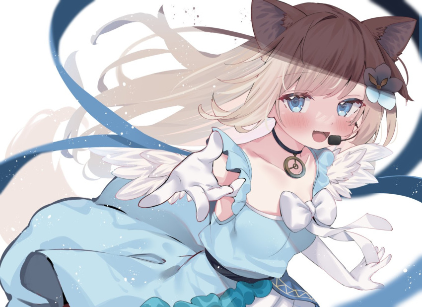 1girl animal_ear_fluff animal_ears blonde_hair blue_eyes clock_hands commission dress eip_(pepai) fake_wings fang flower fox_ears fox_girl fox_tail frilled_dress frills gloves hair_flower hair_ornament headset idol idol_clothes jewelry long_hair microphone music pendant prism_project singing skeb_commission solo symbol-shaped_pupils tail tokimori_aoi virtual_youtuber white_gloves wings